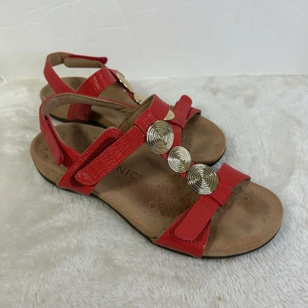 Vionic Farra II Sandal Womens Size 7.5 Red Leather Gold Medallions